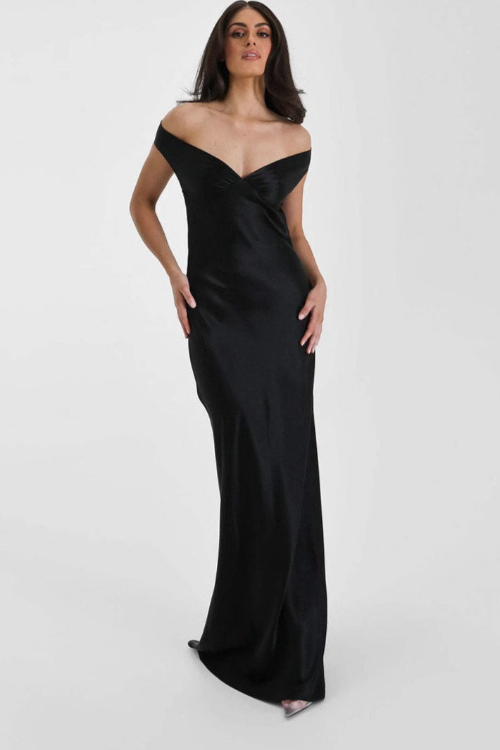 Satin Off Shoulder Sweetheart Slip Maxi Dress - View 3
