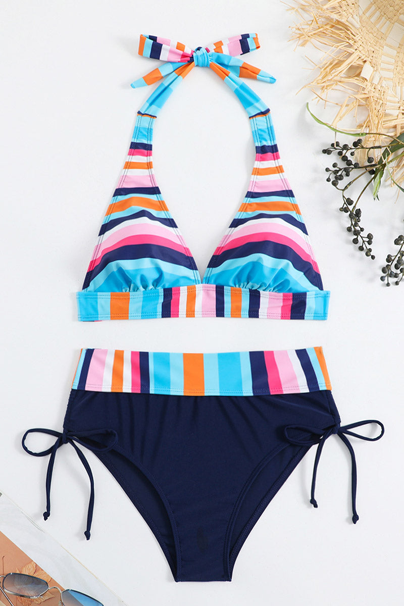 Striped V Neck Halter lace-up Swimsuit - Fashionpara