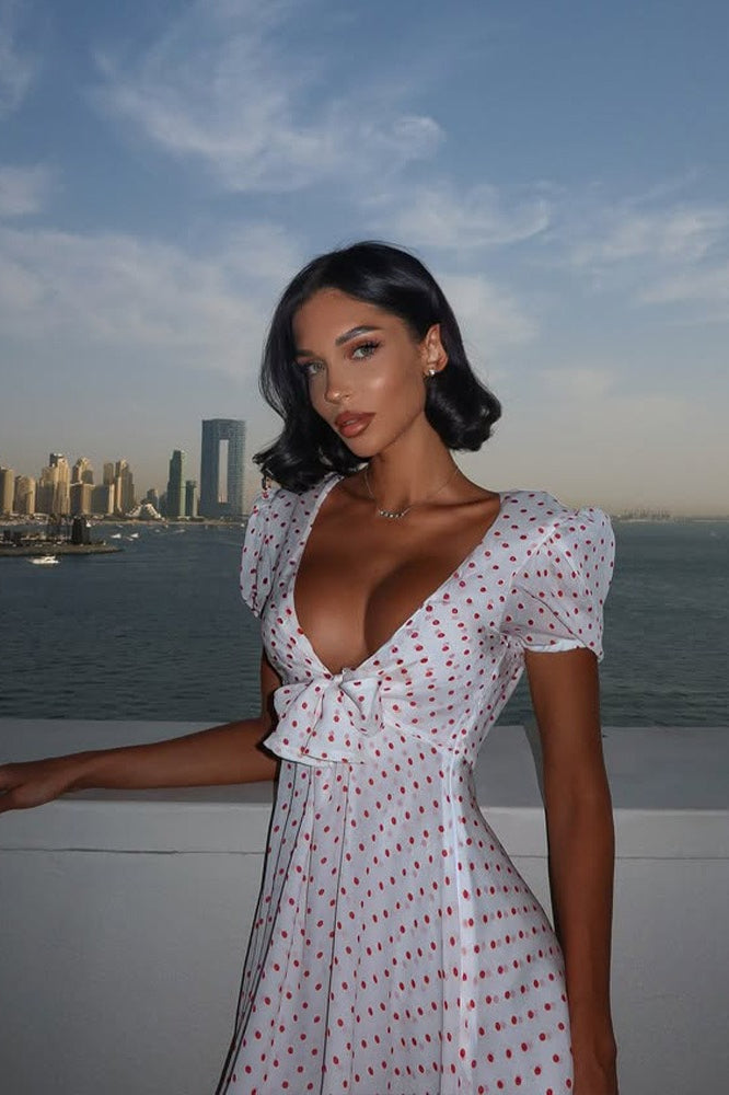 Polka Dot Bow-Detail Mini Dress - Fashionpara