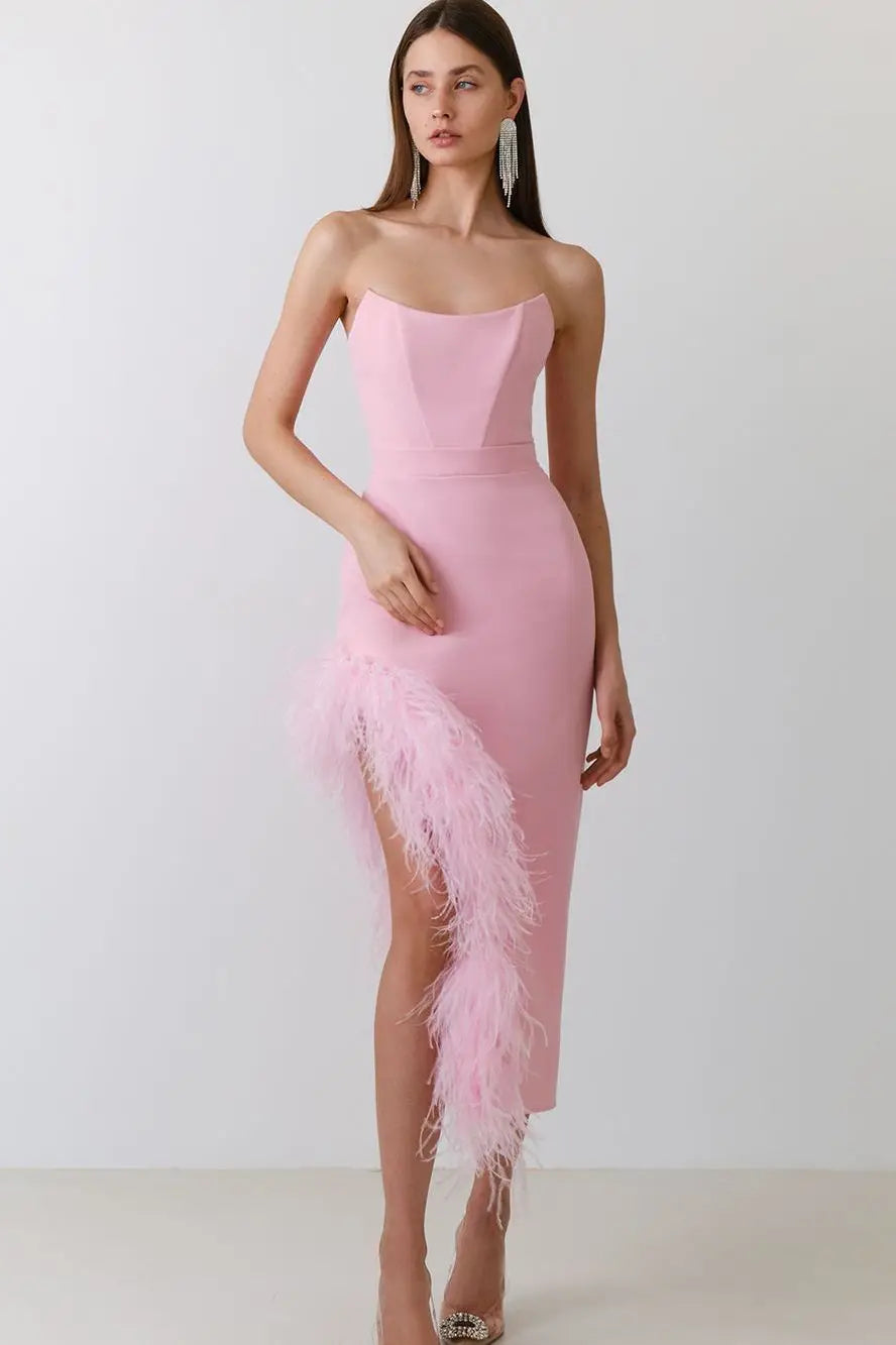 Feather Strapless Midi Dress - Fashionpara