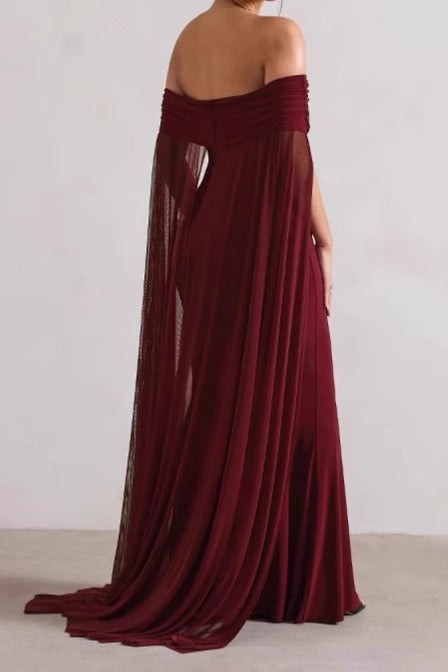 Off Shoulder Cape Sleeve Ruched Mermaid Gown - View 4
