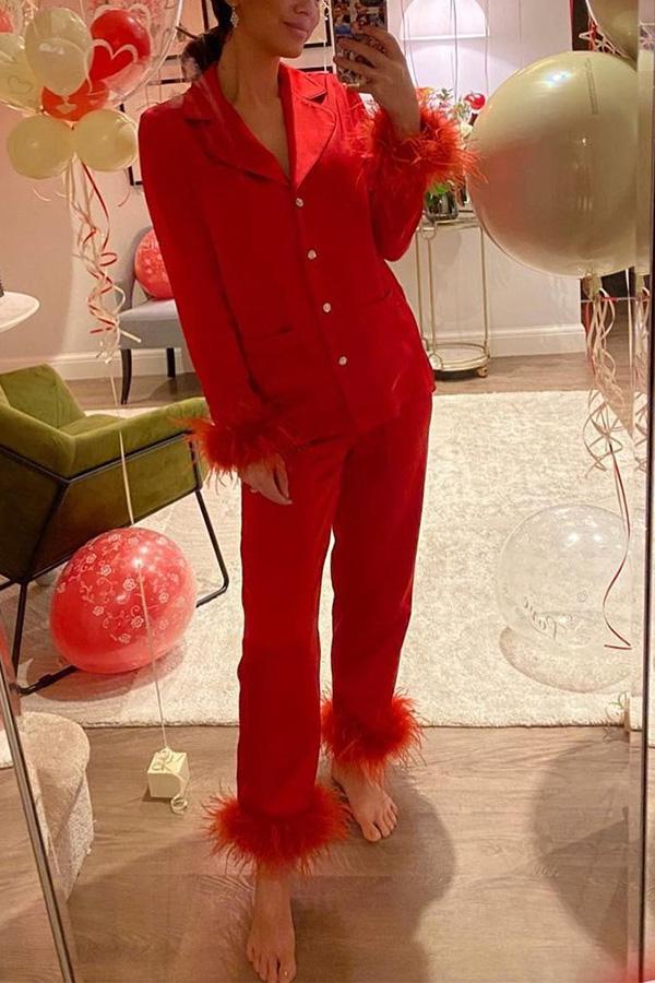 Solid Color Lapel Feather Trousers Two-piece Suit - Fashionpara