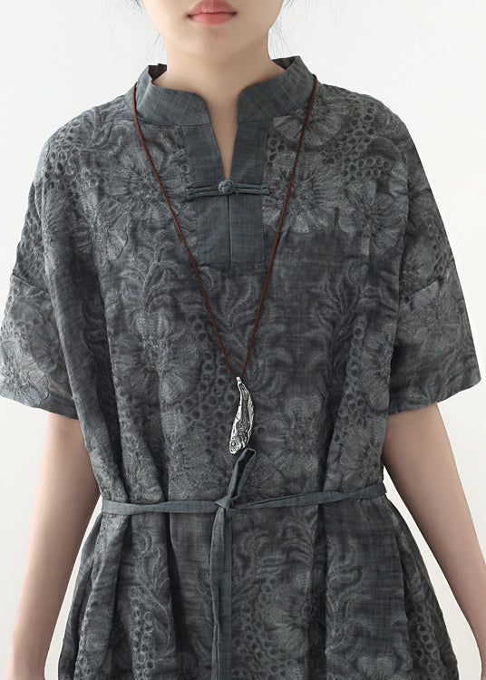 Floral Damask Mandarin Collar Short Sleeve Toggle Maxi Dress - View 5