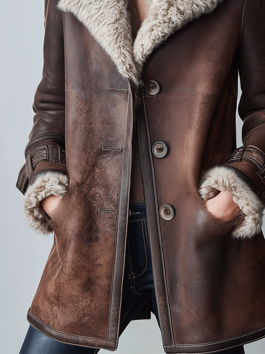 Retro Classic Warm Brown Faux Sheepskin Coat