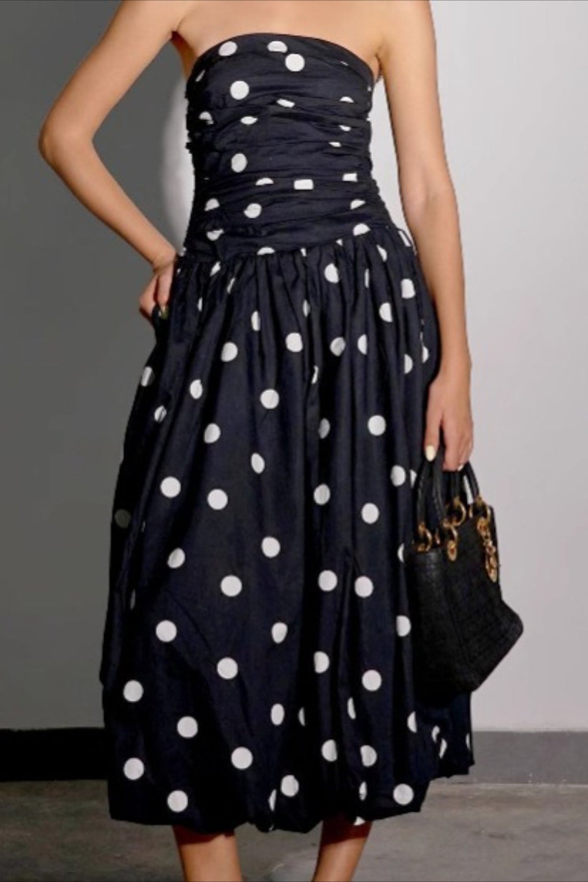 Polka Dot Strapless Ruched Midi Dress