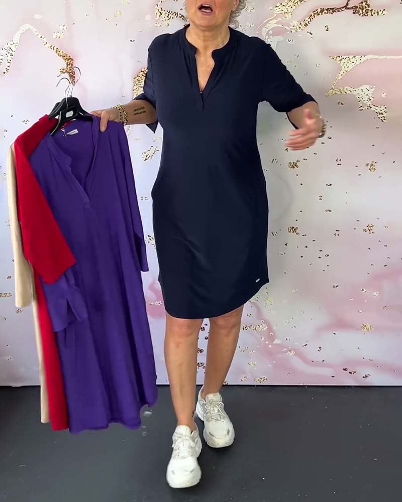 Split Neck Mandarin Collar Elbow Sleeve Pocket Shift Midi Dress - View 2