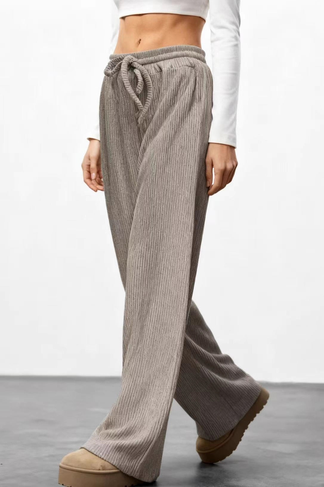 Ribbed Drawstring High Waist Straight Leg Casual Pants