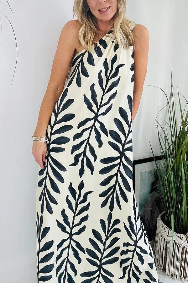 Floral Unique Printed One Shoulder Pocketed Loose Maxi Dress - Fashionpara