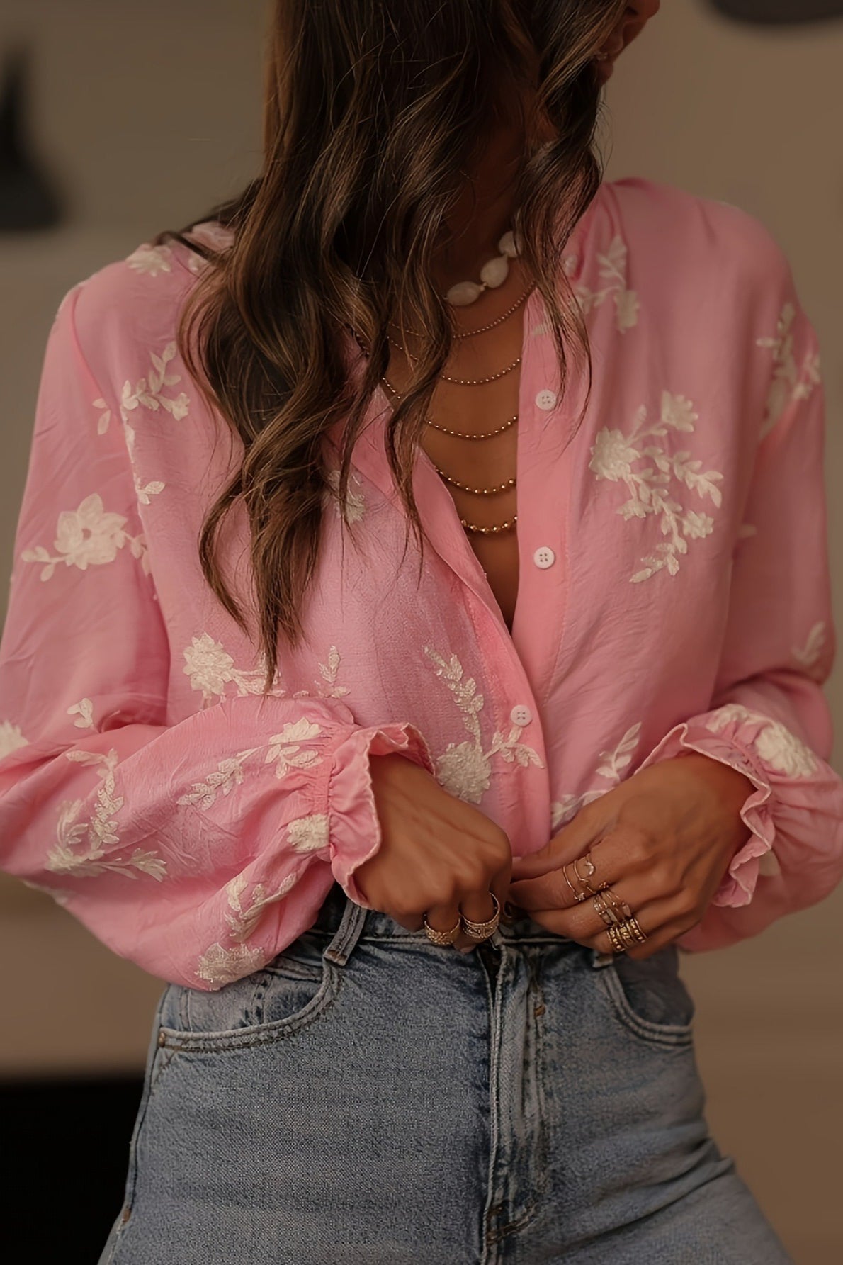 Collared Print Puff Sleeve Blouse