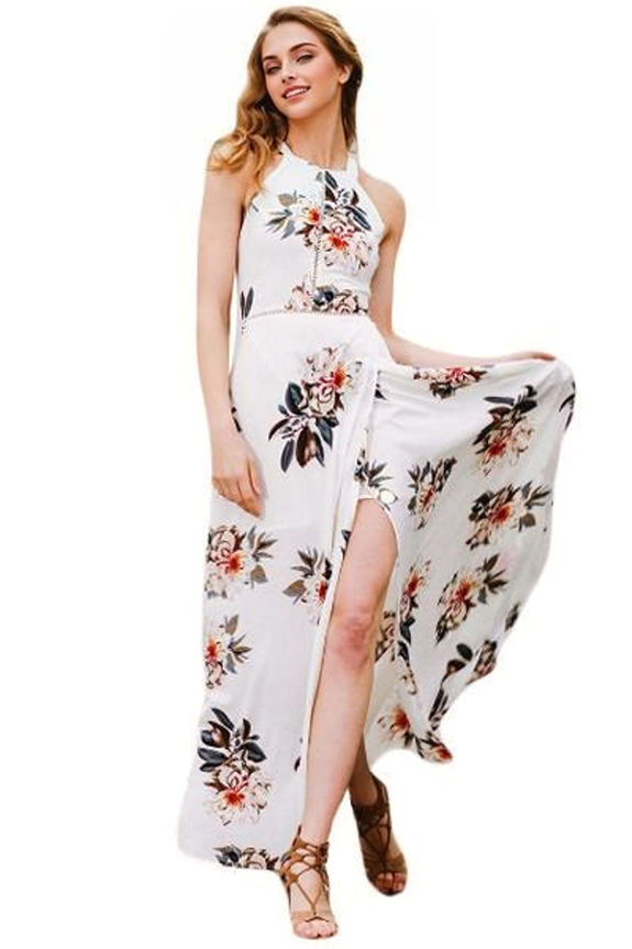 Floral Print Halter Cutout Back Split Maxi Dress 2