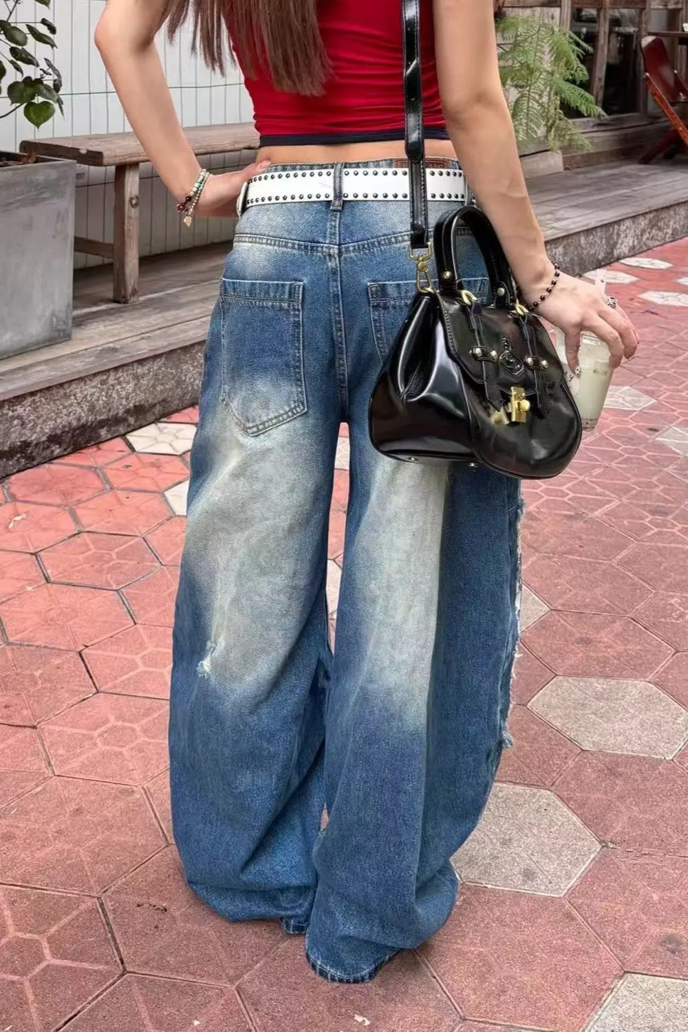 Loose Fit Cartoon Patch Wide Leg Jeans