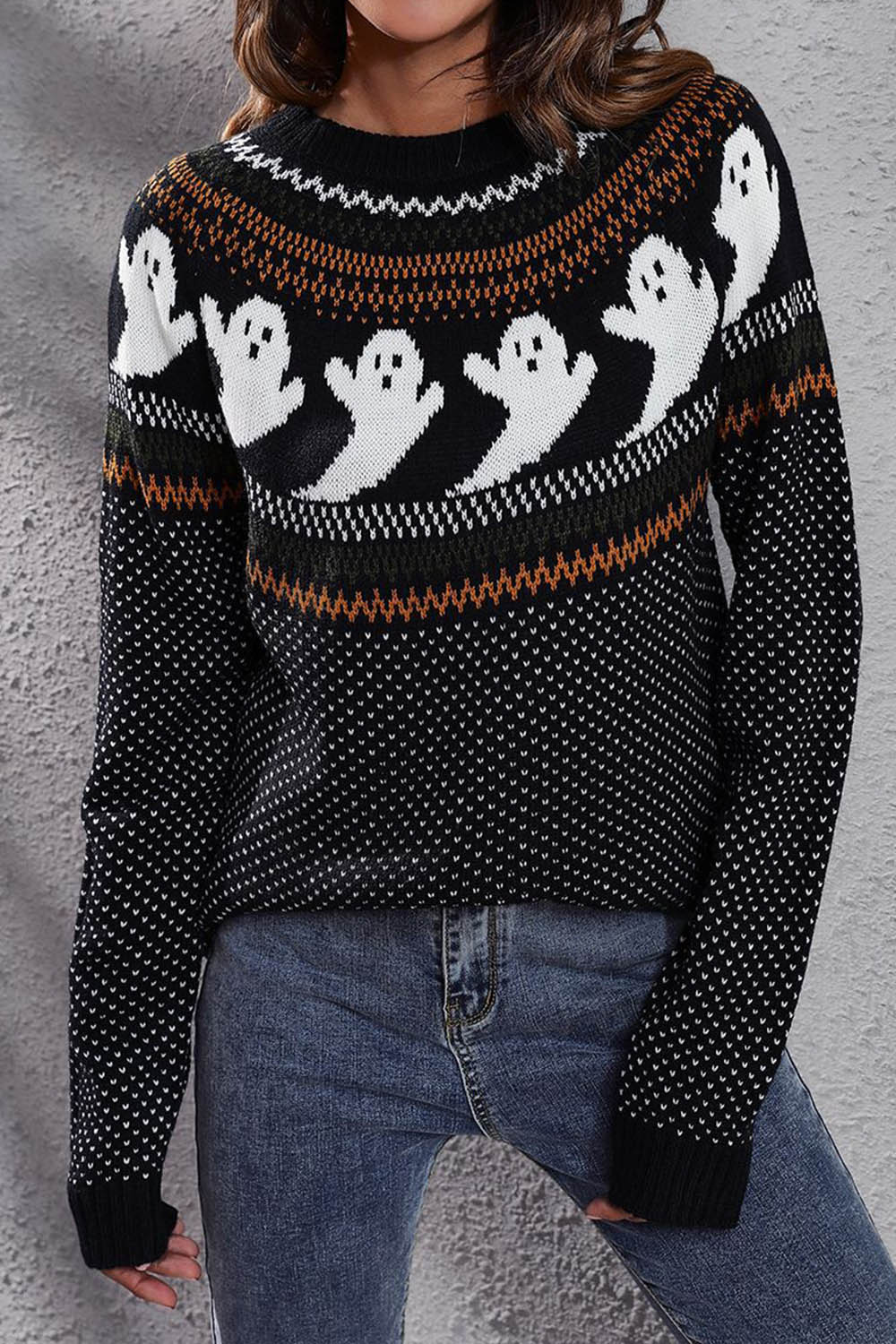 Halloween Ghost Retro Polka Dot Long Sleeve Knitted Sweater - Fashionpara