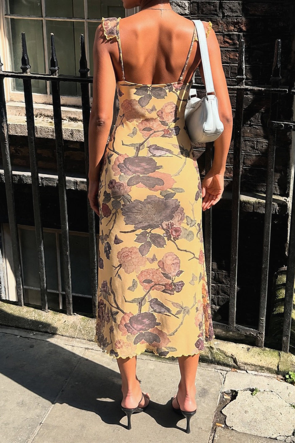 Floral Ruffle V-Neck Tie Front Slip Midi Dress