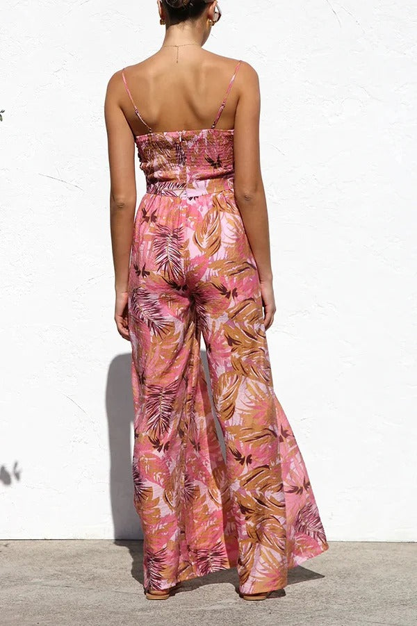 Botanical Print Strappy Resort Style Wide-leg Pants Jumpsuit - Fashionpara