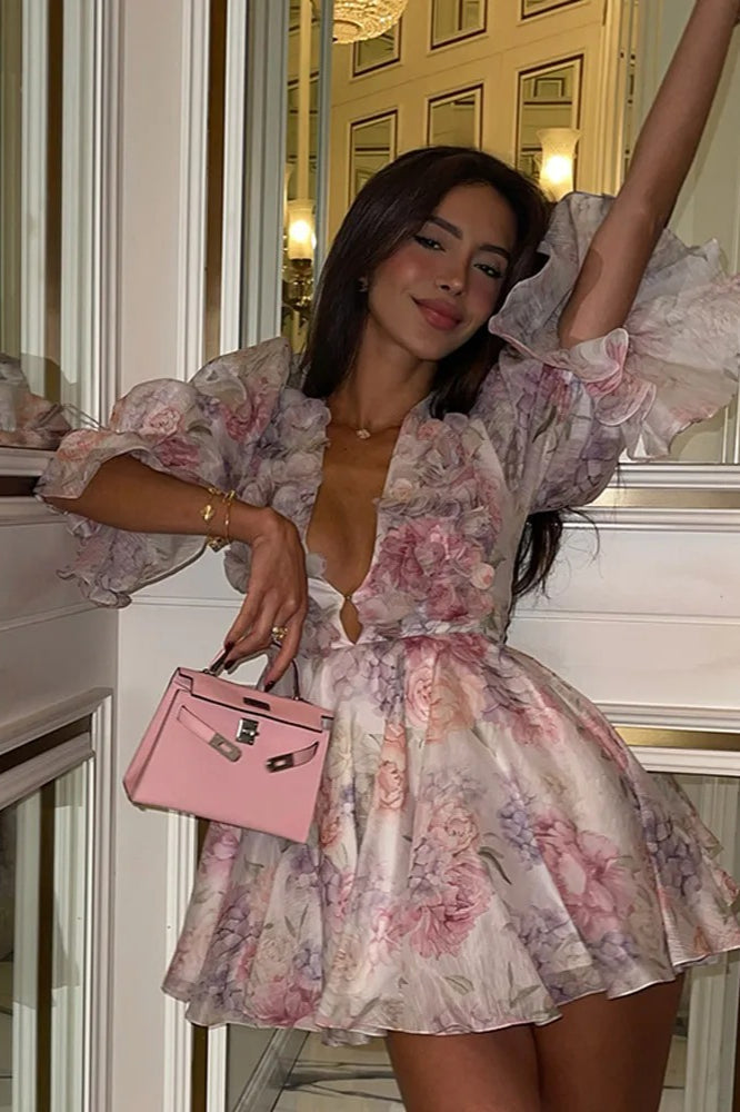 Printed Layered Ruffled Flared Sleeve Floral Dress