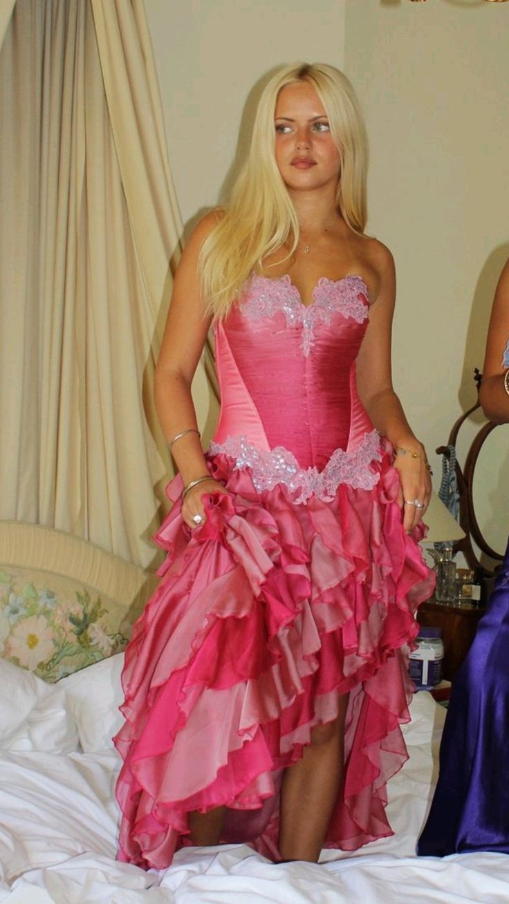 Vintage Hot Pink Lace Chiffon Ruffles Evening Dress Strapless Prom Dress - Fashionpara