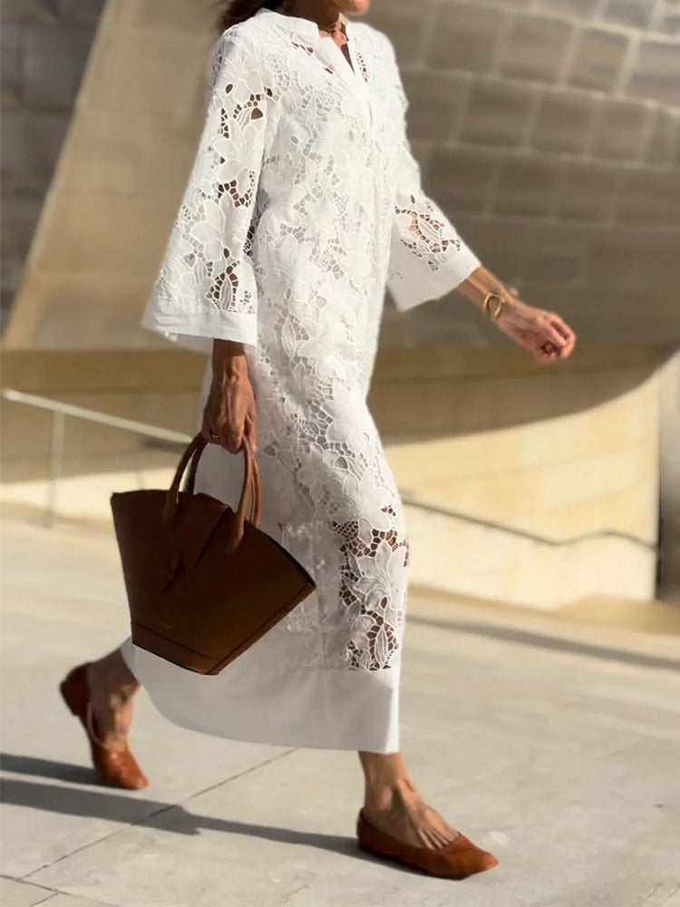 Eyelet Lace Long Sleeve Standing Collar Wide Hem Band Maxi Dress - View 5