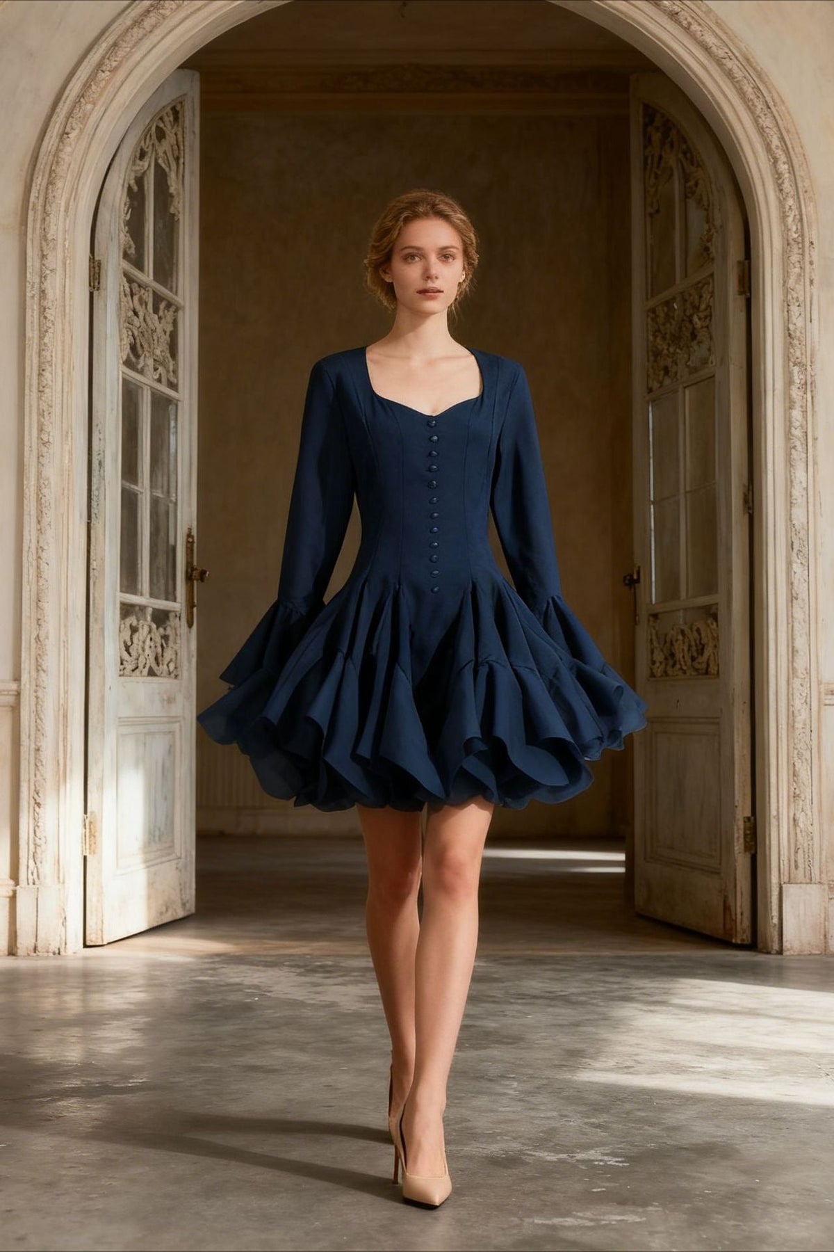 Square Neck Long Sleeve Button-Front Ruffle Hem Mini Dress