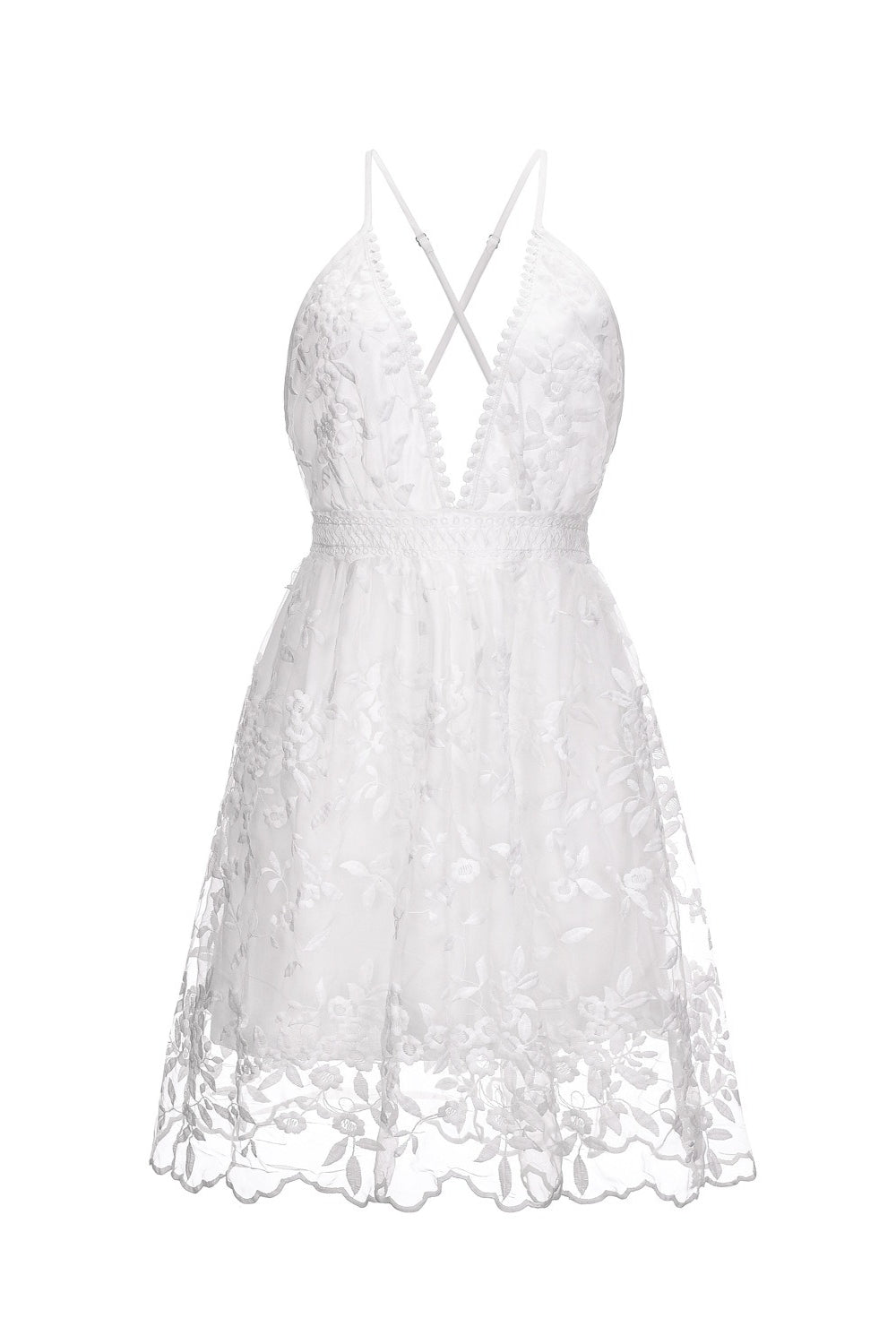 Floral Lace Deep V-Neck Backless Flared Mini Dress