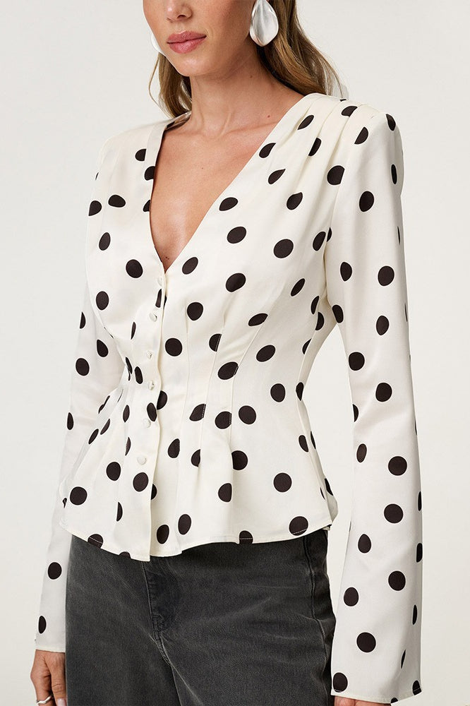 Polka Dot V Neck Fitted Blouse - Fashionpara