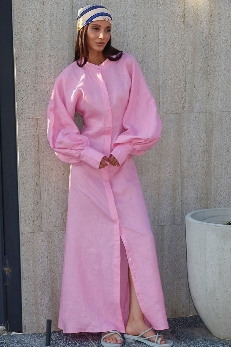 Puff Sleeve Cotton Linen Maxi Dress