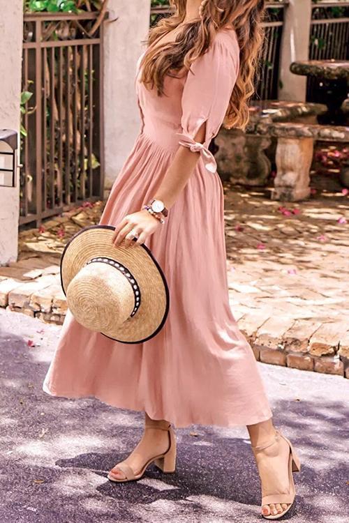 Deep V-Neck Puff Sleeve Tie Cuff Button Front A-Line Midi Dress - View 12