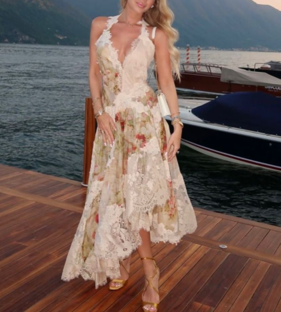 Vintage Halter V Neck Chiffon Print Floral Lace Prom Dress Mermaid Long Party Dress D1025