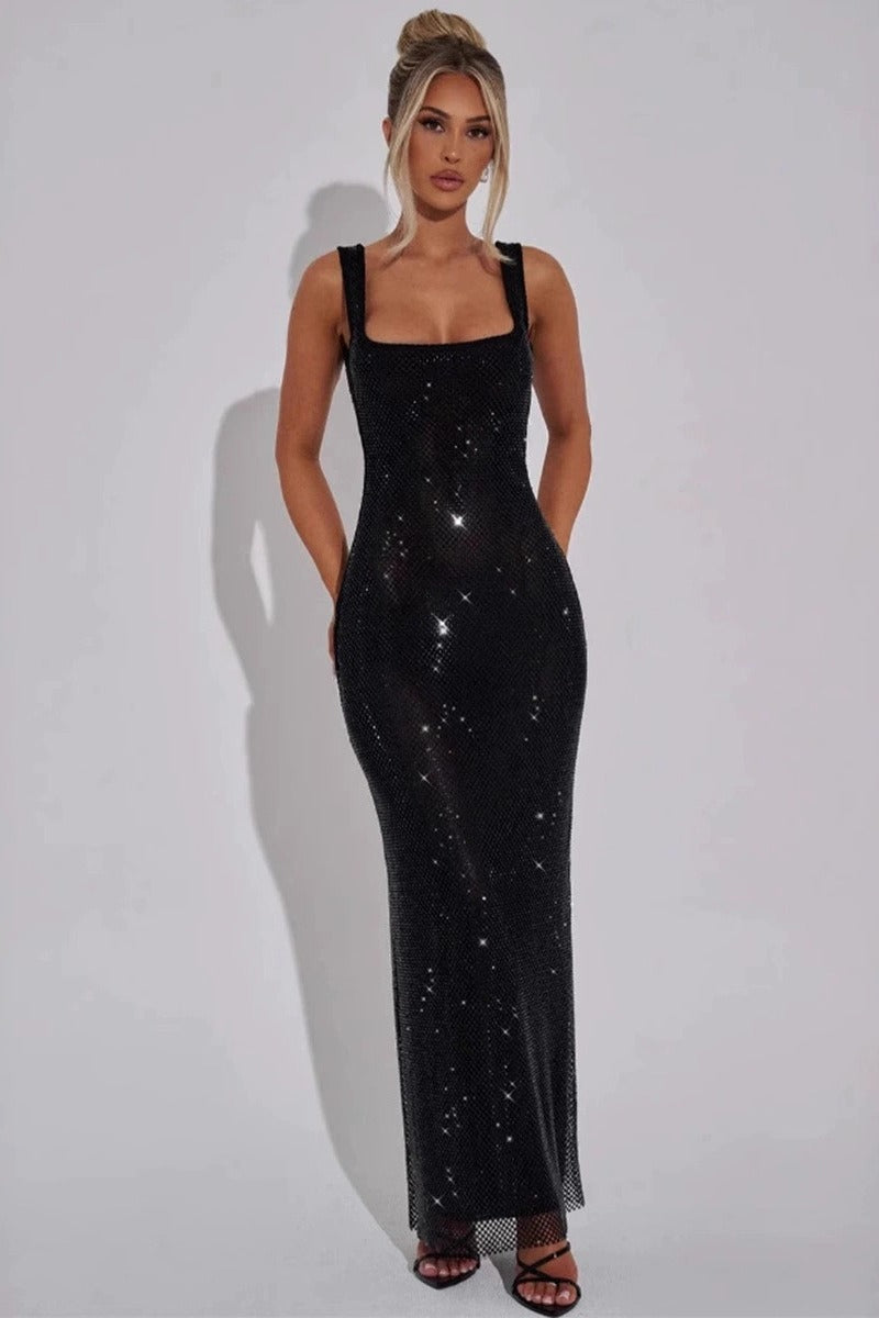 Rhinestone Square Neck Bodycon Maxi Dress 7