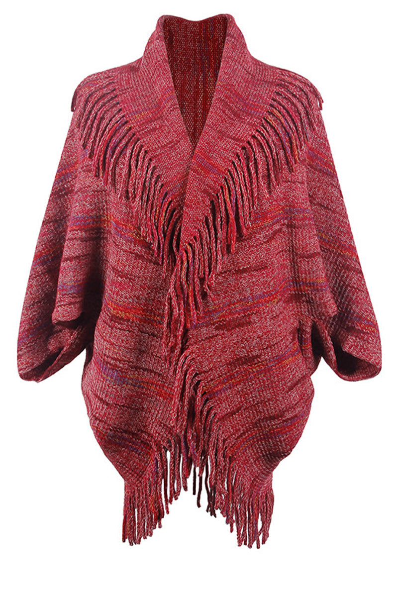 Color Striped Fringed Knit Shawl Sweater - Fashionpara