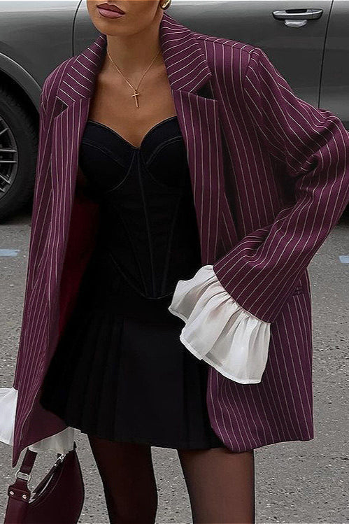 Lace Striped Flared Sleeve Blazer Coat for Elegant Style