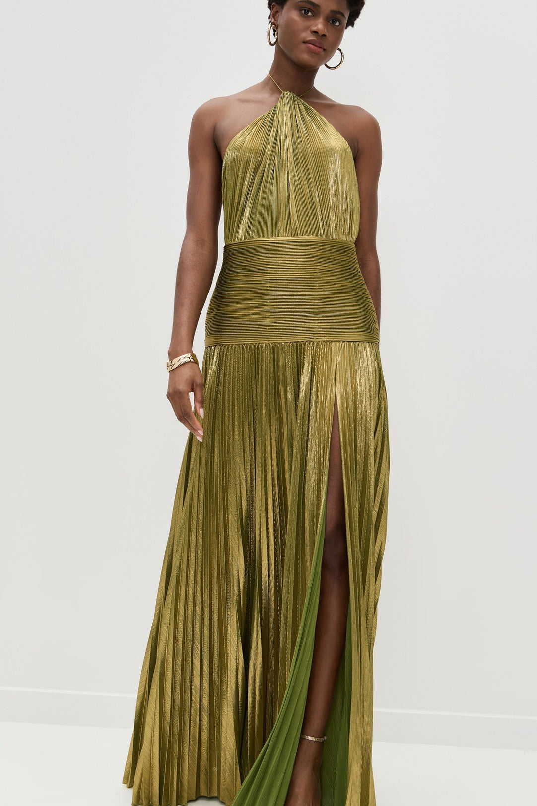 Metallic Pleated Halter Neck Thigh Split Maxi Gown 3