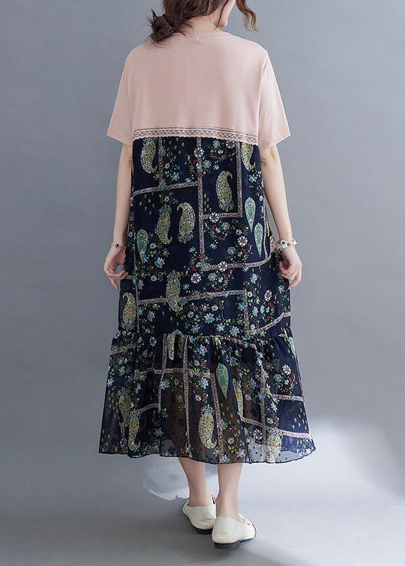 Faux Two Piece Paisley Patchwork Lace Trim Ruffle Hem Midi Dress - View 5