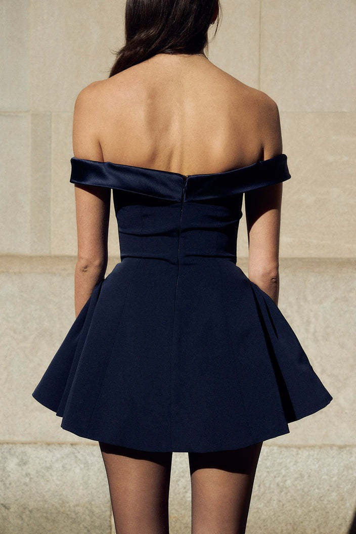 Off Shoulder Sweetheart Satin Fit and Flare Mini Dress 6