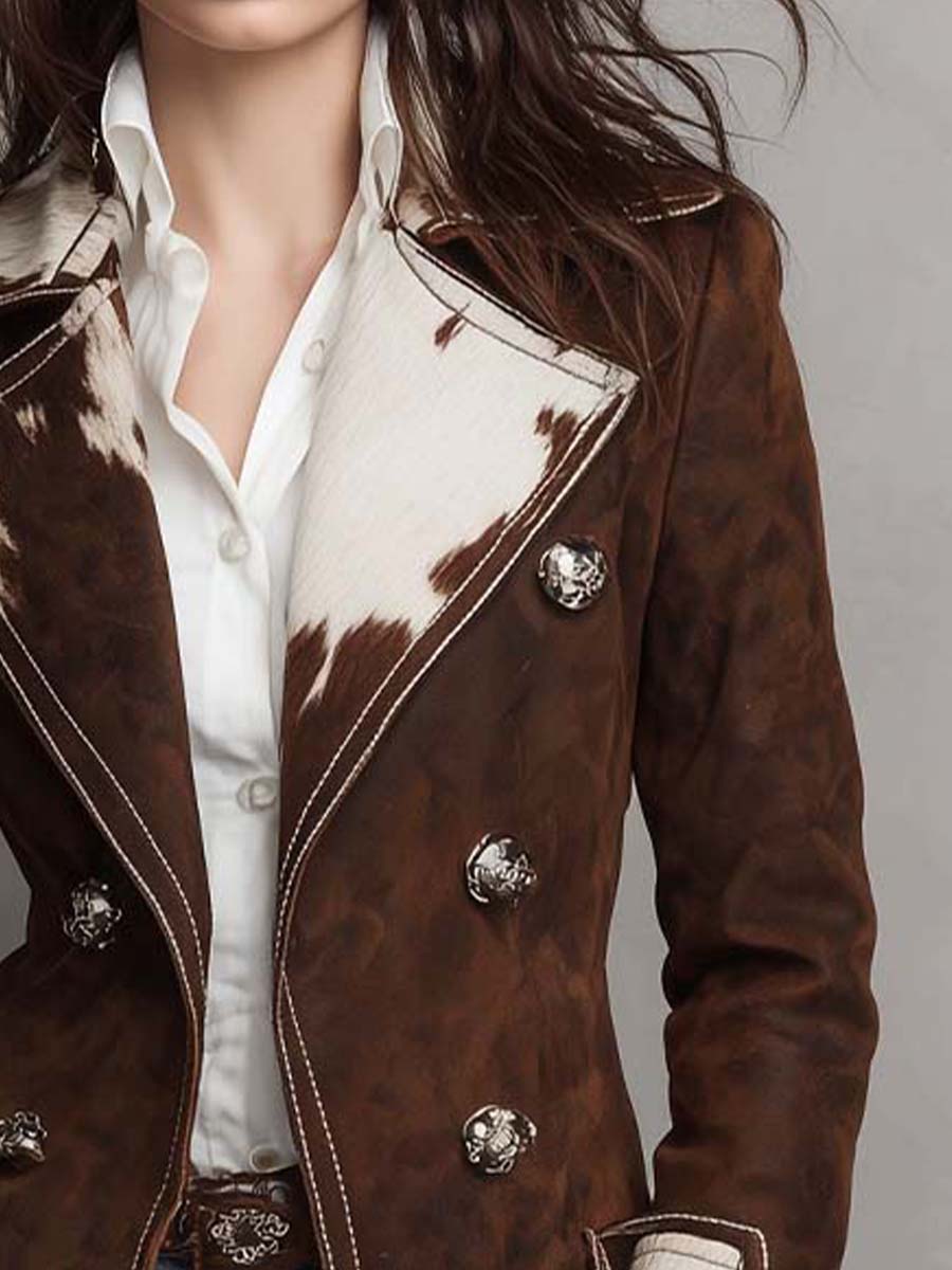 Cow Print Panel Faux Suede Long Coat - Fashionpara