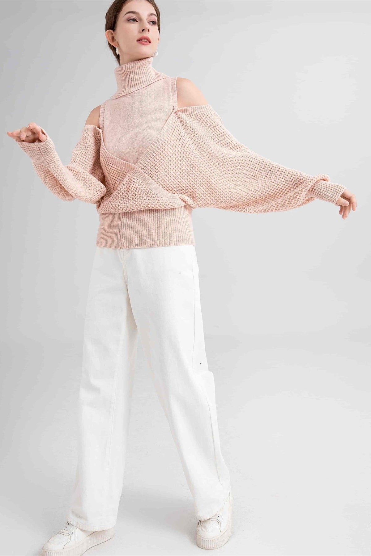 High Neck Off-Shoulder Double Layer Knit Sweater 5