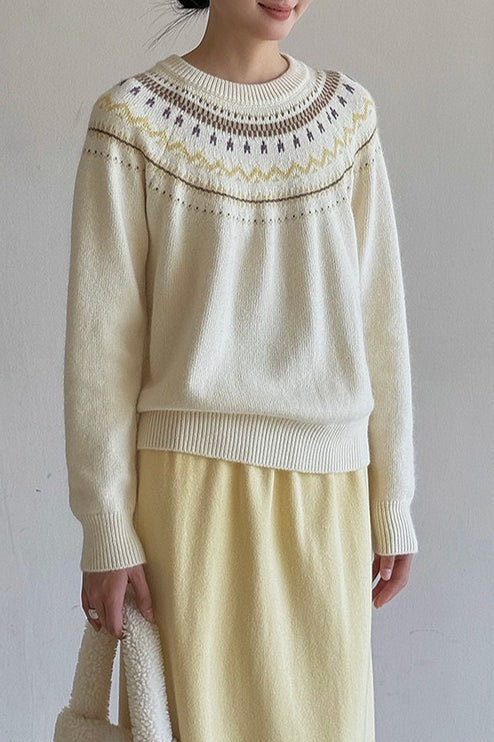 Fair Isle Pattern Loose Crew Neck Color Block Minimalist Sweater