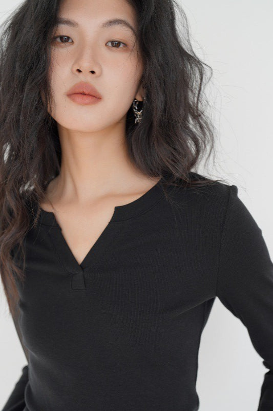 Heather Grey Fitted V-Neck Long-Sleeve Knit Top