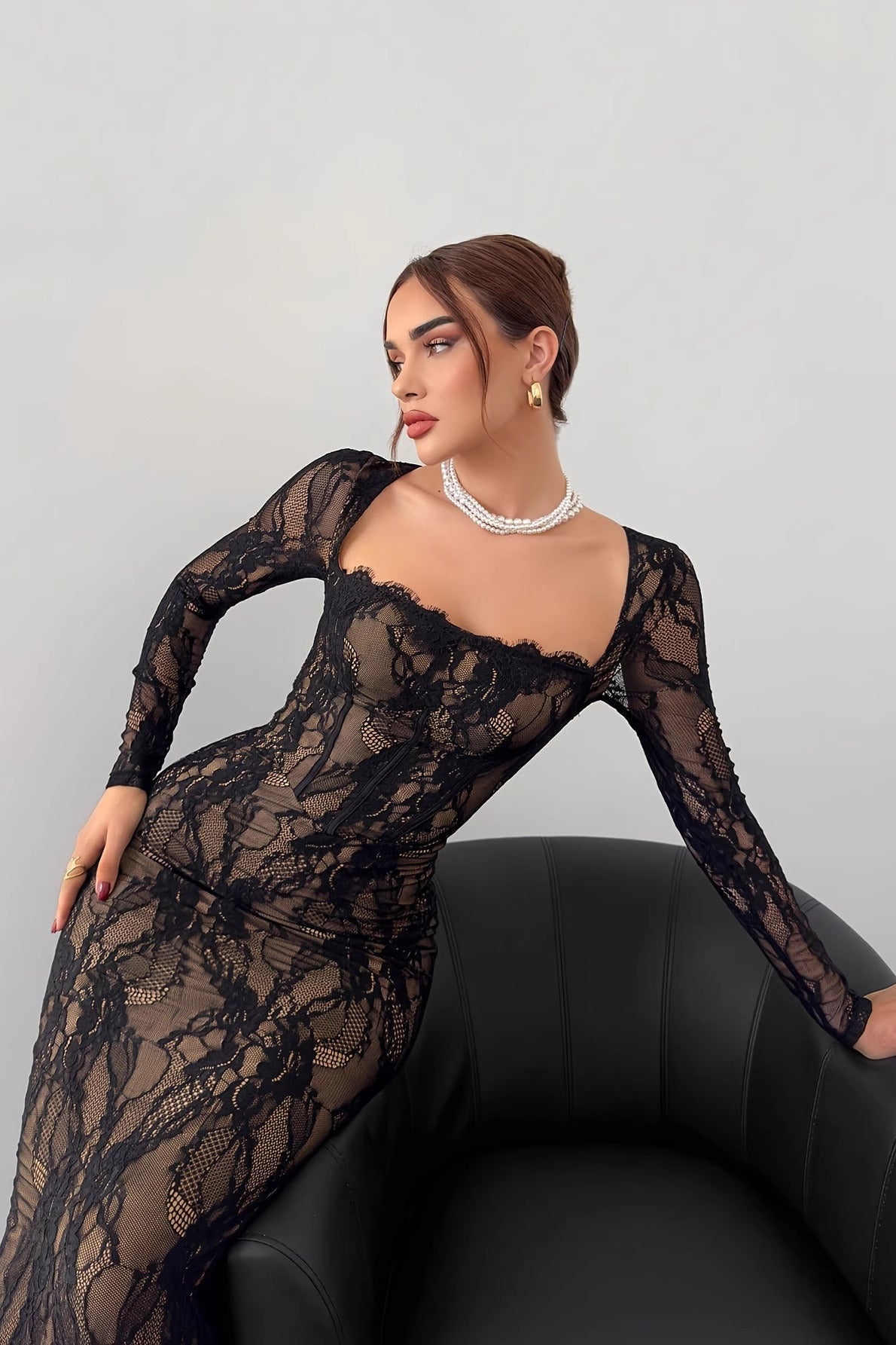 Elegant Square Neck Long Sleeve Lace Dress in White - View 3