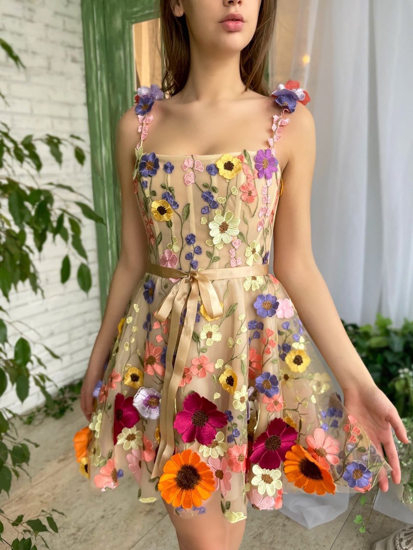 A Line Floral Beige Short Homecoming Dress With 3D Flowers - Fashionpara