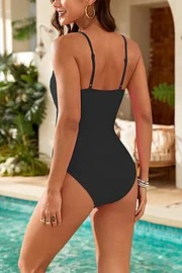 Fashionable Splicing Spaghetti Strap Metal Buckle One-piece Bikini Swimsuit - Fashionpara
