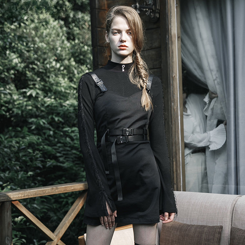 High Neck Long Sleeve Buckle Bodycon Mini Dress