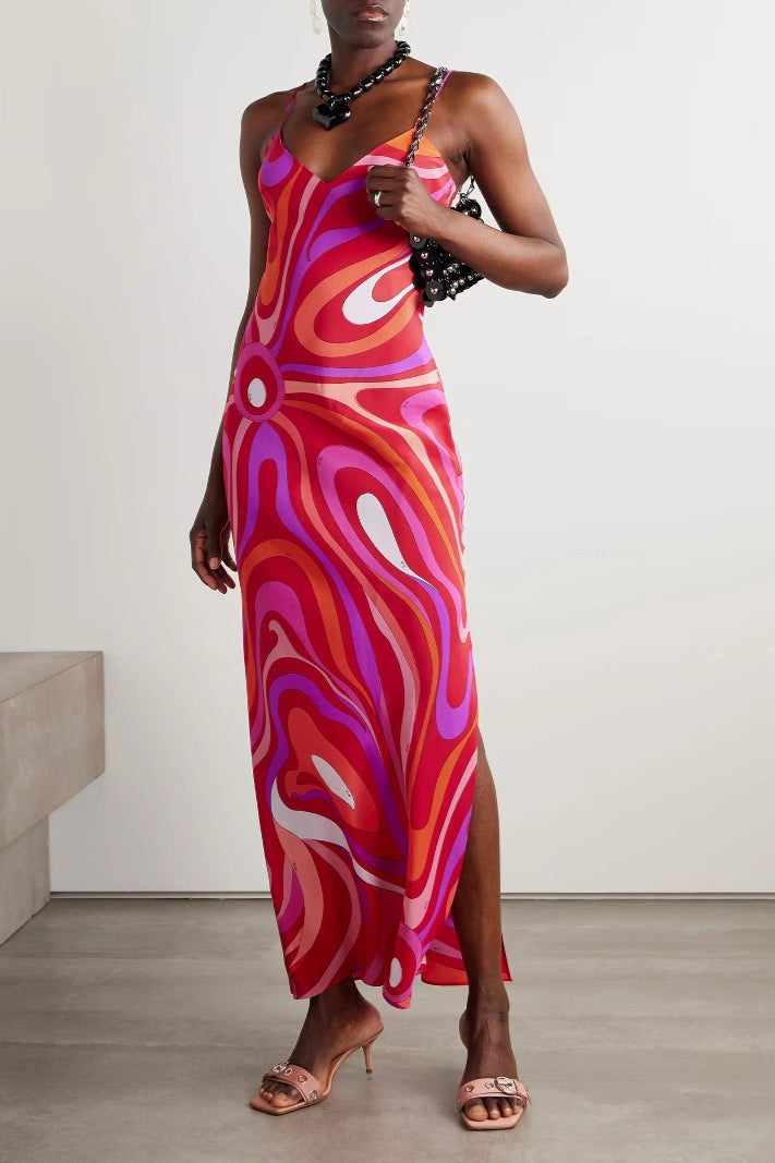 Swirl Print V-Neck Spaghetti Strap Slip Maxi Dress