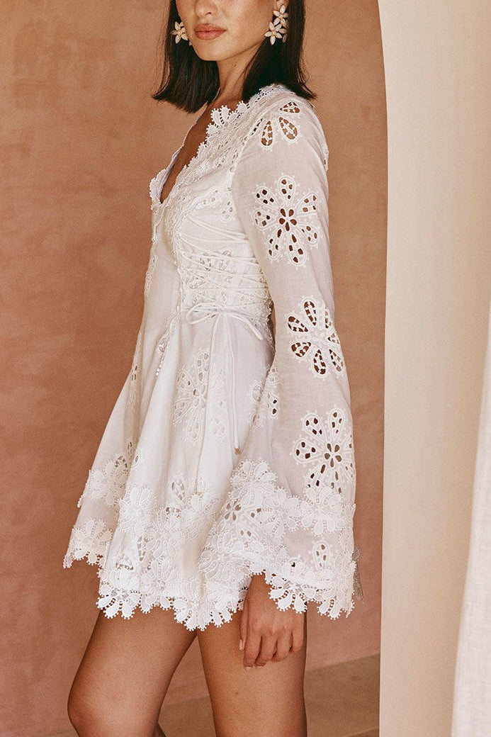 Broderie Lace V-Neck Bell Sleeve A-Line Mini Dress 2