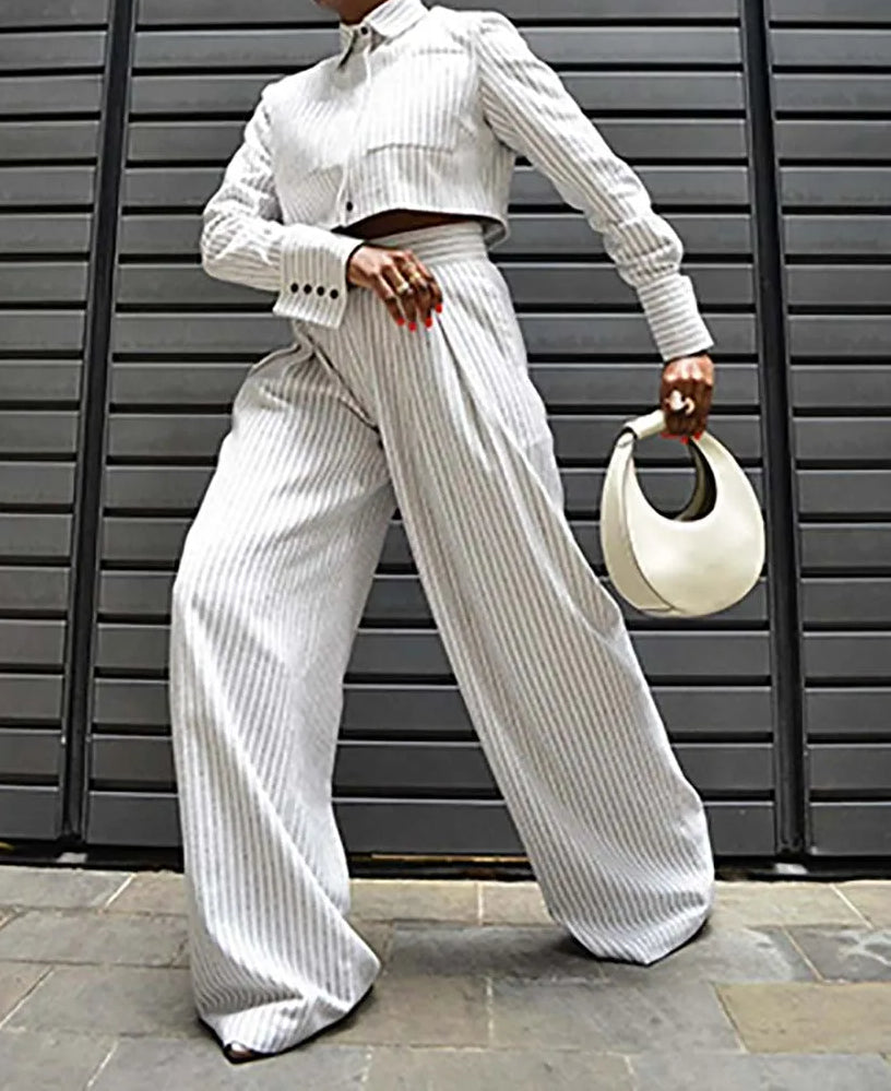 White Print Pockets Straight Pants Office Two Piece Set