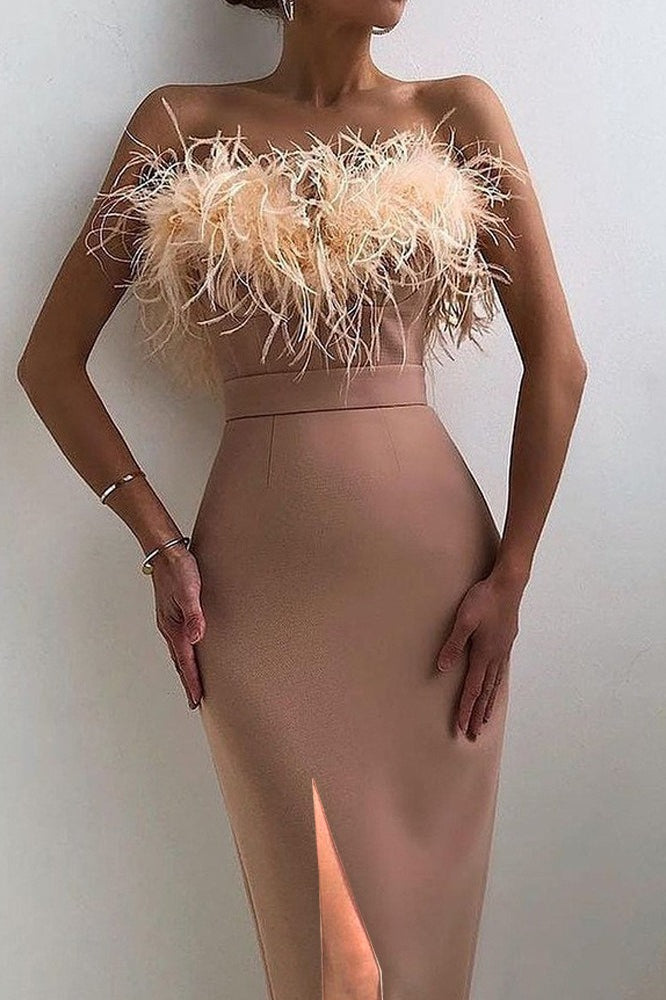 Feather-Trim Bustier Thigh-Split Bodycon Maxi Dress 2