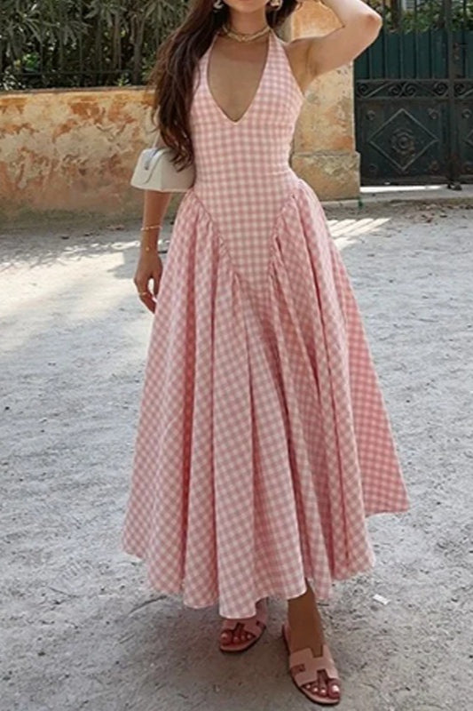 Gingham Check Halter Neck Fit-and-Flare Maxi Dress