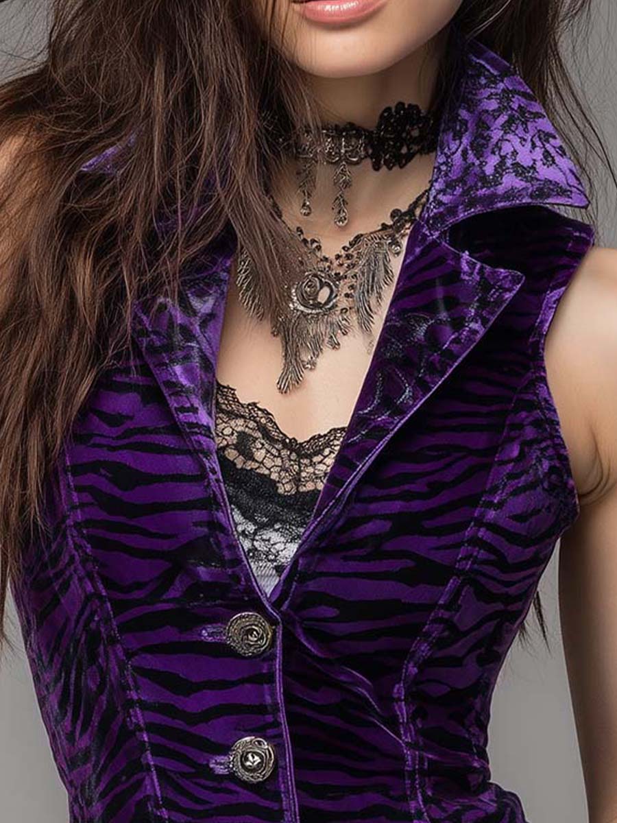 Vintage Animal Print Purple Velvet Bodycon Tank Top - Fashionpara