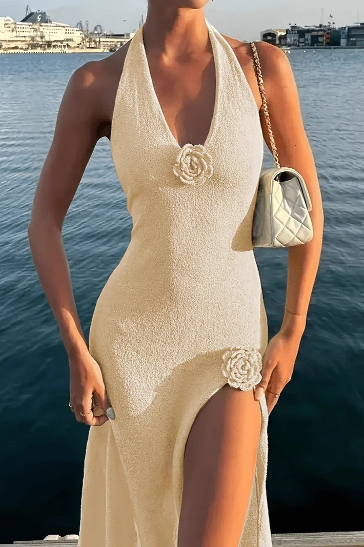 Deep V Neck Backless High Split Knit Maxi Boho Dress - Fashionpara