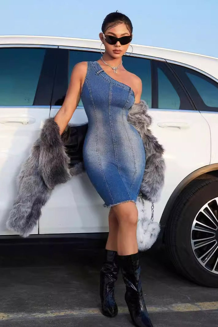 Denim One-Shoulder Frayed Hem Bodycon Mini Dress