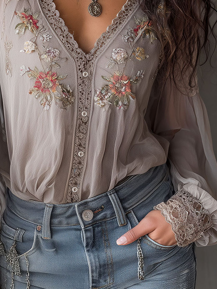Romantic Floral Embroidered Sheer Blouse With Lace Trim - Fashionpara
